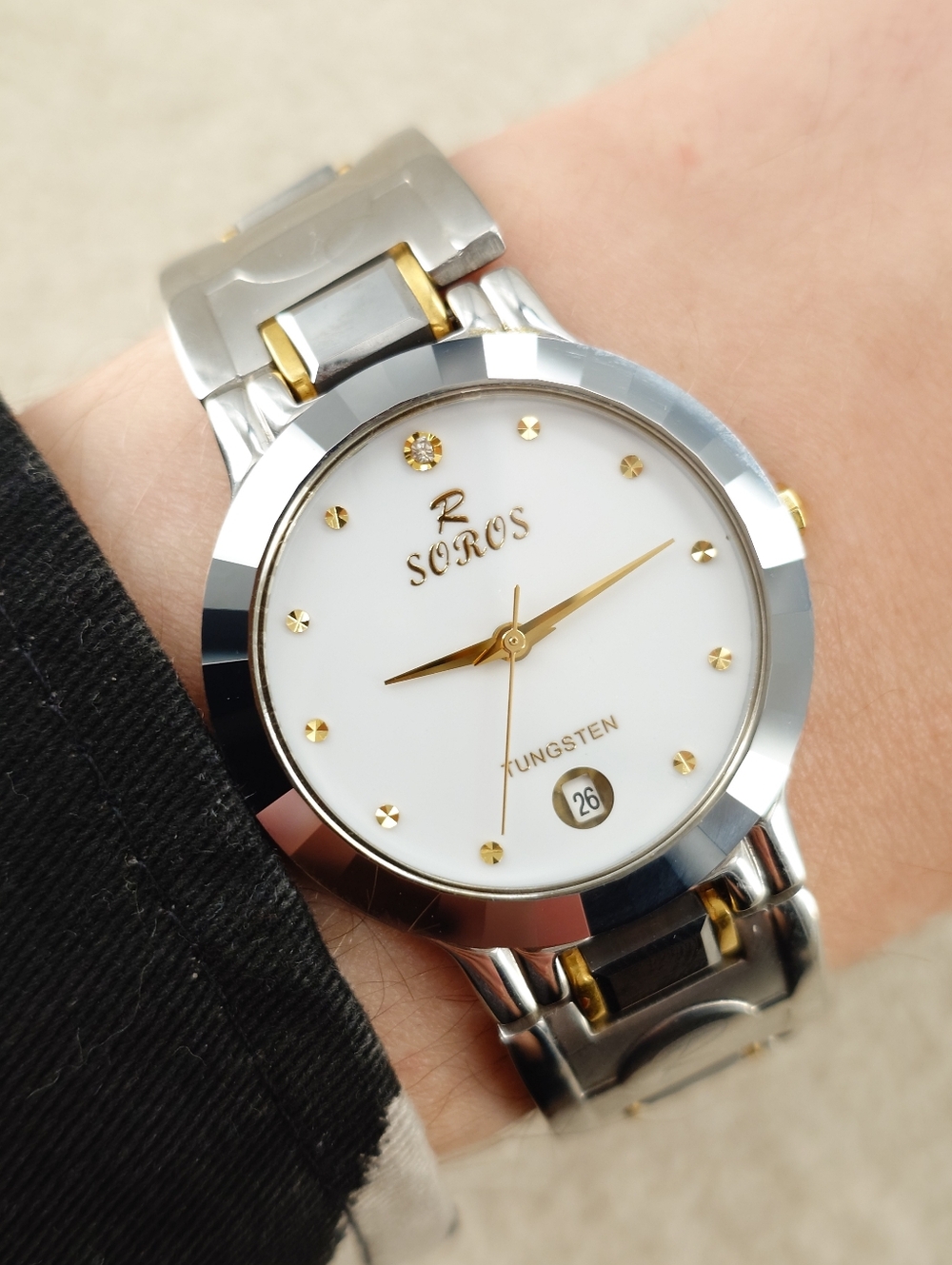 R. Soros Unisex Watch SR003M Sapphire Tungsten Two-Tone Dress 32mm New Battery